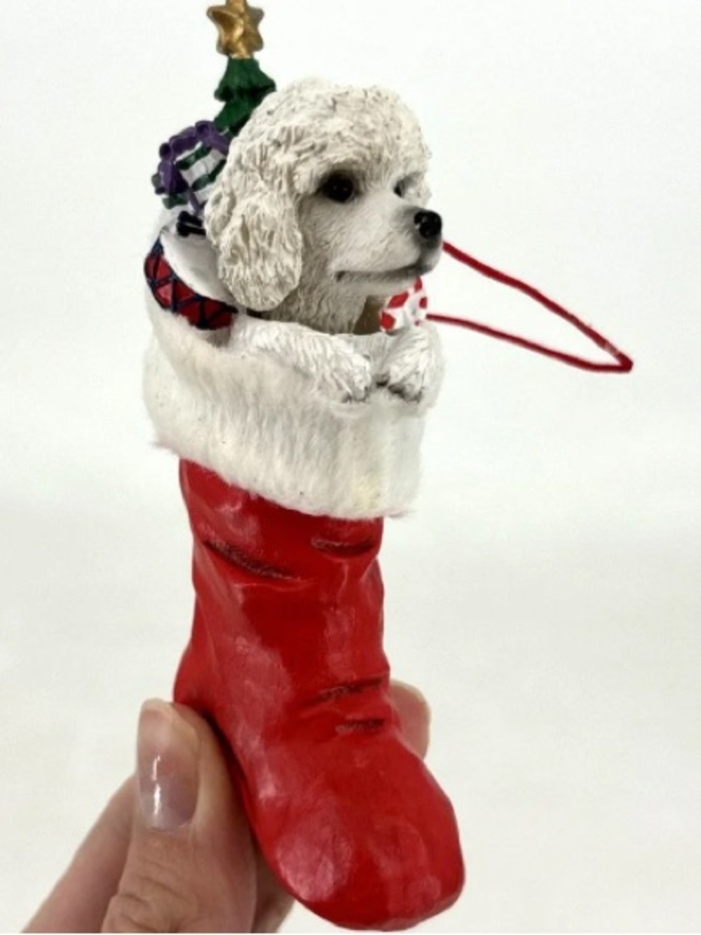 White Dog in Red Stocking Holiday Ornament